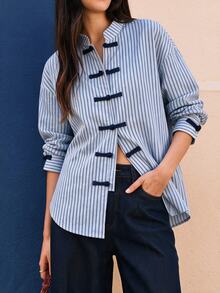 EastFlair Plus Size Women's Striped Casual Everyday Shirt - Blue - View 8