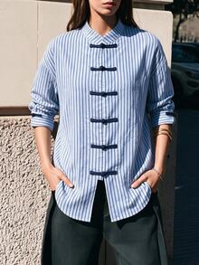 EastFlair Plus Size Women's Striped Casual Everyday Shirt - Blue - View 4