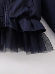 SHEIN 女童綠色網格撞色時尚夾克，適合秋季，黑色女童夾克套裝，拉鍊西式風格 - 寶藍色 - 查看 6