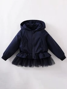 SHEIN 女童綠色網格撞色時尚夾克，適合秋季，黑色女童夾克套裝，拉鍊西式風格 - 寶藍色 - 查看 3