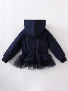 SHEIN 女童綠色網格撞色時尚夾克，適合秋季，黑色女童夾克套裝，拉鍊西式風格 - 寶藍色 - 查看 2