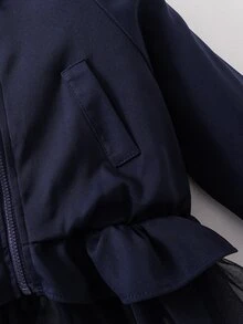 SHEIN 女童綠色網格撞色時尚夾克，適合秋季，黑色女童夾克套裝，拉鍊西式風格 - 寶藍色 - 查看 5