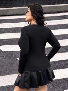 Muchica Plus Size Casual Half-Button Long Sleeve T-Shirt (Suitable For Autumn) Fall - Black - View 2