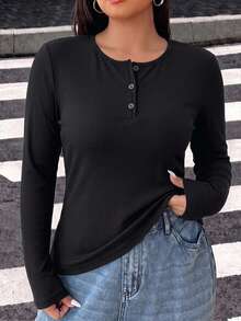 Muchica Plus Size Casual Half-Button Long Sleeve T-Shirt (Suitable For Autumn) Fall - Black - View 4