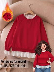 Rusticease Plus Size Red Ruffle Trim Lace Patchwork Layered Round Neck Extra Long Sleeve Sweatshirt Casual Elegant Streetwear Fall Winter 2026 Christmas - Red - View 9