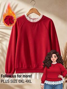 Rusticease Plus Size Red Ruffle Trim Lace Patchwork Layered Round Neck Extra Long Sleeve Sweatshirt Casual Elegant Streetwear Fall Winter 2026 Christmas - Red - View 4