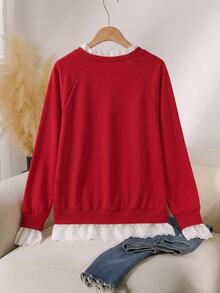 Rusticease Plus Size Red Ruffle Trim Lace Patchwork Layered Round Neck Extra Long Sleeve Sweatshirt Casual Elegant Streetwear Fall Winter 2026 Christmas - Red - View 2