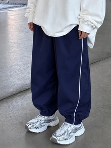 SHEIN Mirajuku 男童海軍藍對比白色滾邊束口寬腿復古運動長褲，休閒日常通勤跑步休閒褲 - 藏蓝色 - 查看 3