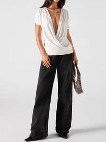 LYSMO Women's Fashionable Solid Color Sexy Deep V-Neck Ruched Short Sleeve T-Shirt,White Shirt - White - View 4