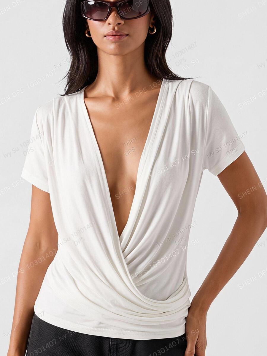 LYSMO Women's Fashionable Solid Color Sexy Deep V-Neck Ruched Short Sleeve T-Shirt,White Shirt