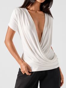 LYSMO Women's Fashionable Solid Color Sexy Deep V-Neck Ruched Short Sleeve T-Shirt,White Shirt - White - View 5