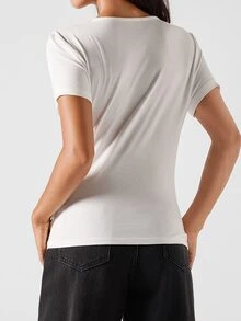 LYSMO Women's Fashionable Solid Color Sexy Deep V-Neck Ruched Short Sleeve T-Shirt,White Shirt - White - View 3