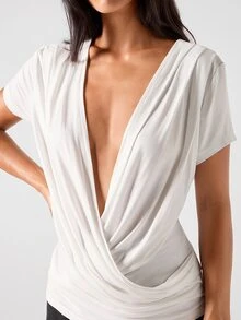 LYSMO Women's Fashionable Solid Color Sexy Deep V-Neck Ruched Short Sleeve T-Shirt,White Shirt - White - View 9