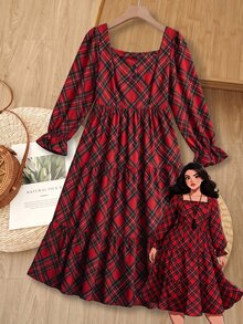 Rusticease Plus Size Red Ruffle Trim Fringe Button Front Square Neck Extra Long Sleeve Dress Elegant Formal Fall Winter 2026 Christmas - Red - View 3