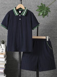 SHEIN Vacaura 2件套幼儿男童撞色滚边短袖上衣和短裤套装 - 藏蓝色 - 查看 3