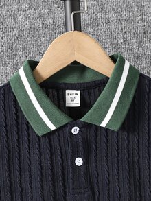 SHEIN Vacaura 2件套幼儿男童撞色滚边短袖上衣和短裤套装 - 藏蓝色 - 查看 4