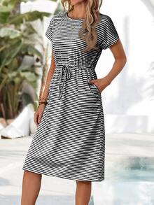 Faunlyn Women Striped Short Sleeve Casual Midi Dress, Fashionable & Suitable For Summer - Black - View 3