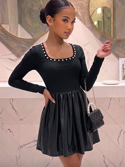 SHEIN Tween Girl Autumn/Winter Long Sleeve Black PU Dress, 2 In 1 Patchwork Casual Daily Elegant Holiday