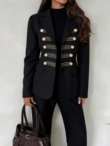 Struktiv Women's Black Military Style Double Breasted Blazer Gold Braided Trim Metal Button Lapel Jacket Vintage Fitted Career Top - Black - View 7