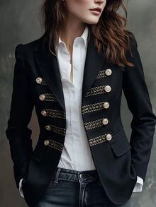 Struktiv Women's Black Military Style Double Breasted Blazer Gold Braided Trim Metal Button Lapel Jacket Vintage Fitted Career Top - Black - View 6