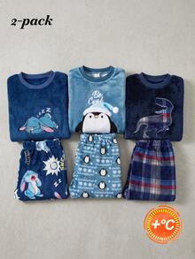 Boys Blue Plush Printed Long Sleeve Pants Casual Comfortable 2 Pieces Loungewear Set - Multicolor - View 1