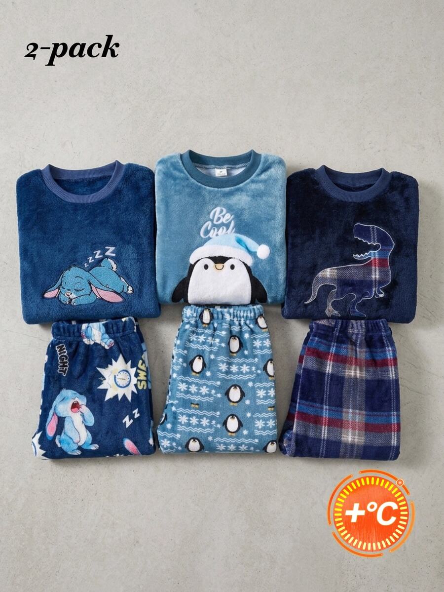 Boys Blue Plush Printed Long Sleeve Pants Casual Comfortable 2 Pieces Loungewear Set - Multicolor - View 1