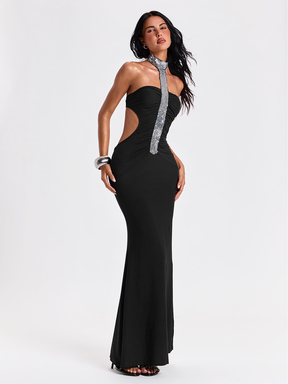 Y2K Autumn/Winter Sexy Party Midnight Luxury New Year Evening Outfit Silver Sequin Decor Halter Neck Backless Women Long Dress
