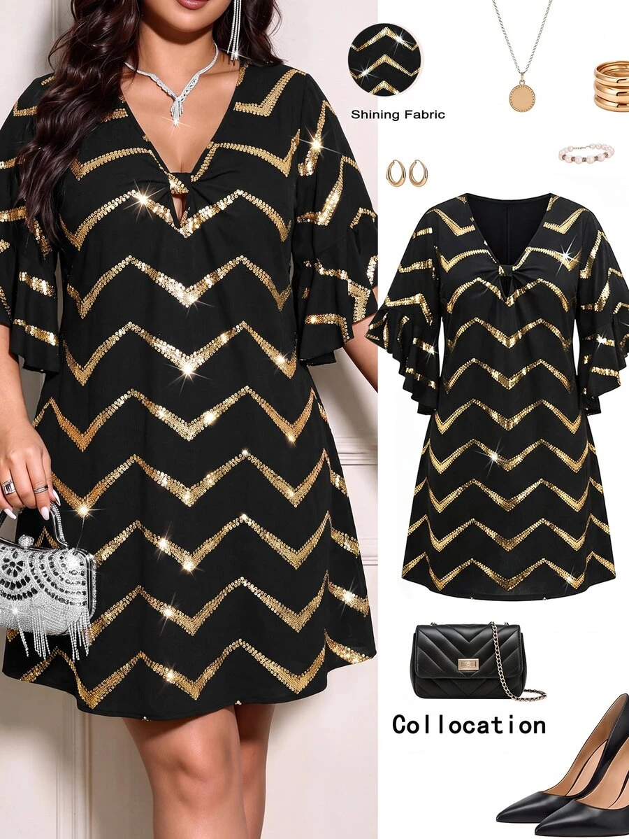 Femmeverse Plus Size Women's Minimalist Luxury Foil Print Fabric Lightweight Evening Dress - Black - View 1