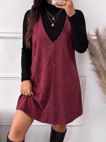 SHEIN Frenchy Plus Size Solid Color Versatile Long Sleeve T-Shirt And Button-Up Dress 2 Pieces Set Casual 2 Pieces, Fall/Winter, Christmas, Thanksgiving, New Year - Multicolor - View 3