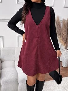 SHEIN Frenchy Plus Size Solid Color Versatile Long Sleeve T-Shirt And Button-Up Dress 2 Pieces Set Casual 2 Pieces, Fall/Winter, Christmas, Thanksgiving, New Year - Multicolor - View 8