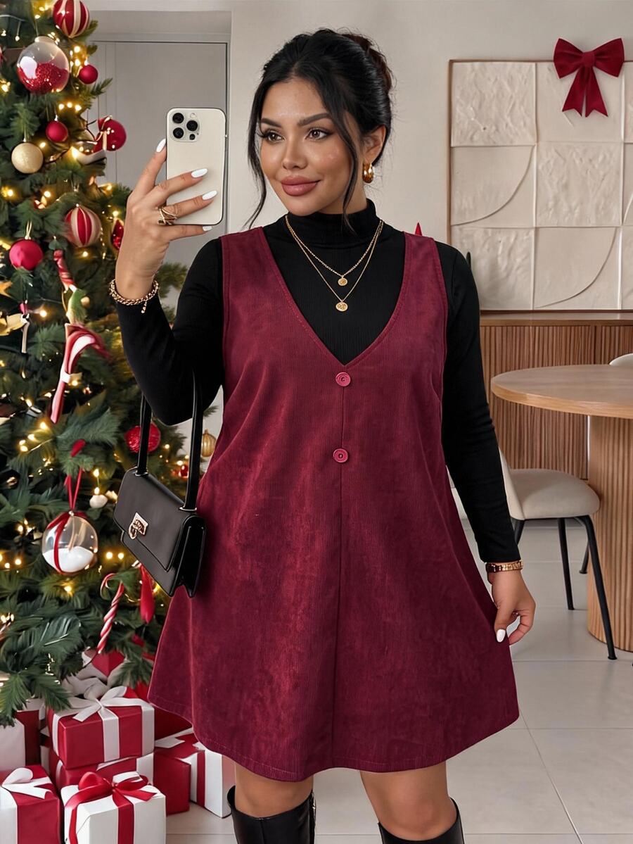 SHEIN Frenchy Plus Size Solid Color Versatile Long Sleeve T-Shirt And Button-Up Dress 2 Pieces Set Casual 2 Pieces, Fall/Winter, Christmas, Thanksgiving, New Year