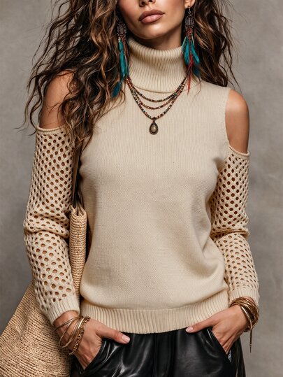 SHEIN Franclia Women's New Fall Turtleneck Cold Shoulder Knit Sweater. Beige Pullover With Hollow-Out Long Sleeves. Casual Versatile Top, Stylish For Daily Wear & Co