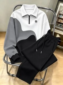 Manfinity Homme 黑色、白色、灰色不對稱波浪拼色馬標誌印花男士套裝，秋冬街頭時尚立領半拉鍊長袖衛衣，彈性腰抽繩寬腿運動長褲，適合日常休閒穿搭 2 件套 - 彩色 - 查看 6