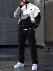 Manfinity Homme 黑色、白色、灰色不對稱波浪拼色馬標誌印花男士套裝，秋冬街頭時尚立領半拉鍊長袖衛衣，彈性腰抽繩寬腿運動長褲，適合日常休閒穿搭 2 件套 - 彩色 - 查看 1