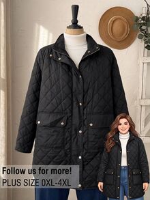 Rusticease Plus Size Black Button Front Quilted Pocket Bomber Collar Long Sleeve Padded Coat Casual Baggy Smart Outerwear Fall Winter 2026 Travel Homewear Office - Black - View 13