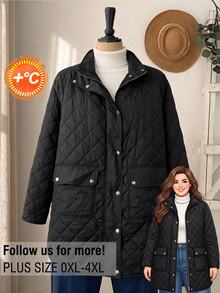 Rusticease Plus Size Black Button Front Quilted Pocket Bomber Collar Long Sleeve Padded Coat Casual Baggy Smart Outerwear Fall Winter 2026 Travel Homewear Office - Black - View 1