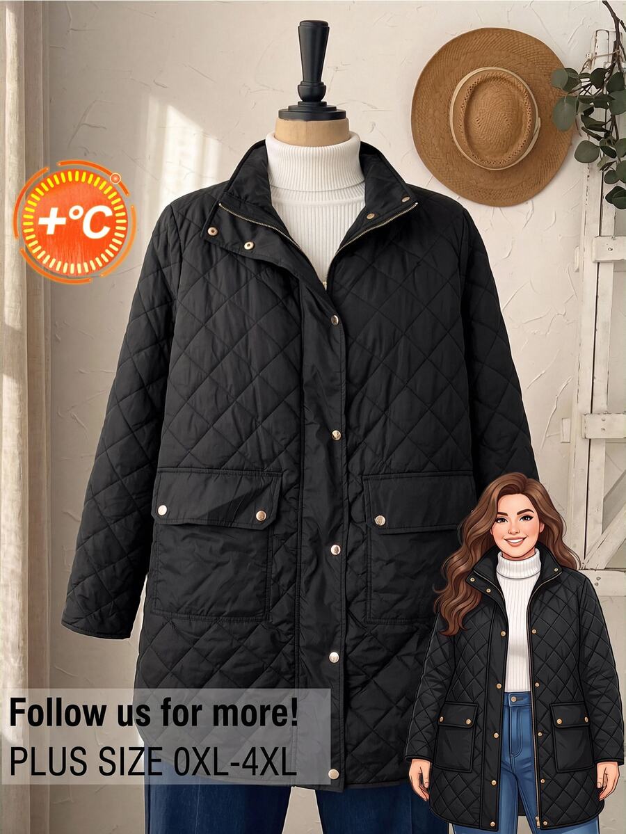 Rusticease Plus Size Black Button Front Quilted Pocket Bomber Collar Long Sleeve Padded Coat Casual Baggy Smart Outerwear Fall Winter 2026 Travel Homewear Office - Black - View 1