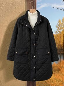 Rusticease Plus Size Black Button Front Quilted Pocket Bomber Collar Long Sleeve Padded Coat Casual Baggy Smart Outerwear Fall Winter 2026 Travel Homewear Office - Black - View 9