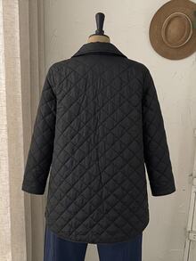 Rusticease Plus Size Black Button Front Quilted Pocket Bomber Collar Long Sleeve Padded Coat Casual Baggy Smart Outerwear Fall Winter 2026 Travel Homewear Office - Black - View 2