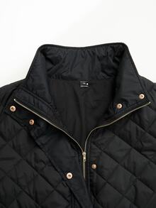 Rusticease Plus Size Black Button Front Quilted Pocket Bomber Collar Long Sleeve Padded Coat Casual Baggy Smart Outerwear Fall Winter 2026 Travel Homewear Office - Black - View 5