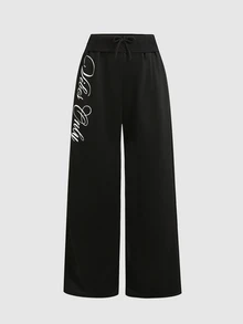 SHEIN 青少年女孩寬鬆直筒黑色字母印花長褲休閒風 - 黑色 - 查看 4