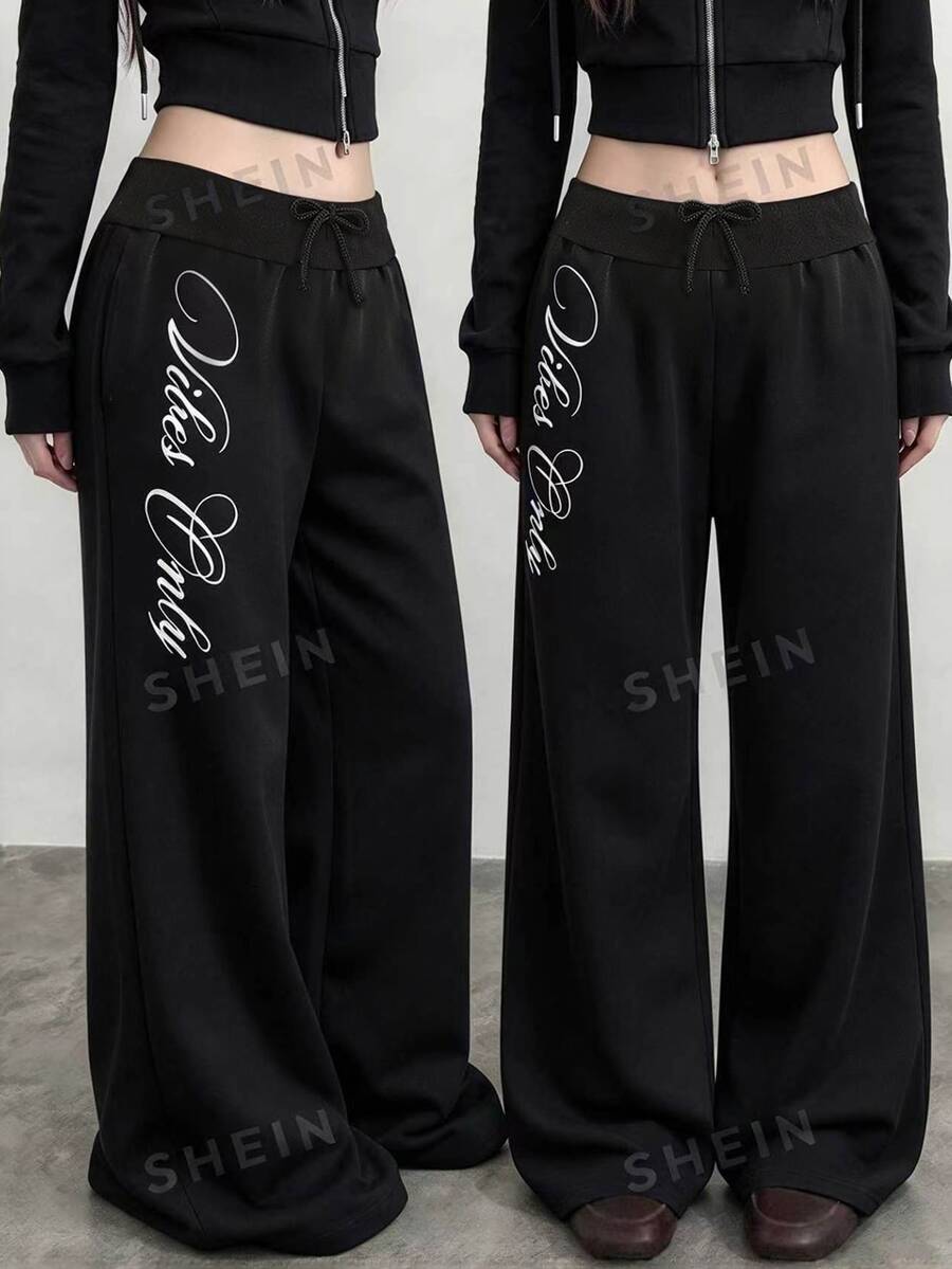 SHEIN 青少年女孩寬鬆直筒黑色字母印花長褲休閒風 - 黑色 - 查看 1