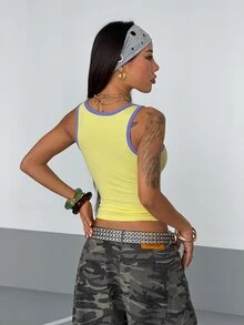 StreetHx Women's Fashion Yellow & Purple Contrast Letter Print Camisole - Yellow - View 2