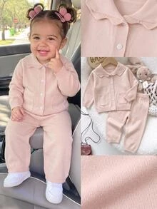 SHEIN Baby Girl Solid Color Long Sleeve Top And Pants Casual Daily Knit Set - Beige - View 1