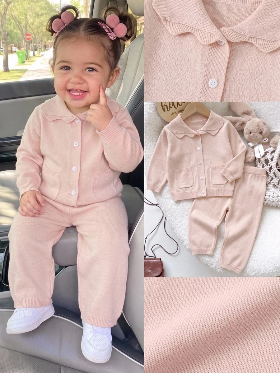 SHEIN Baby Girl Solid Color Long Sleeve Top And Pants Casual Daily Knit Set - Beige - View 1