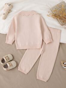 SHEIN Baby Girl Solid Color Long Sleeve Top And Pants Casual Daily Knit Set - Beige - View 7