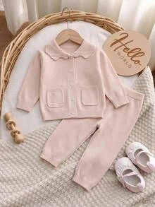SHEIN Baby Girl Solid Color Long Sleeve Top And Pants Casual Daily Knit Set - Beige - View 6