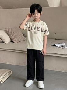 SHEIN Vacaura 青少年男孩 2件套冬季字母印花短袖T恤與工裝褲套裝 寬鬆休閒校園日常街頭風套裝 - 彩色 - 查看 10