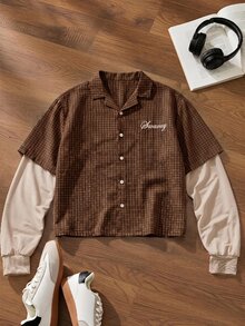 SWAVVY Men's 2 In 1 Letter & Plaid Pattern Long Sleeve Shirt - Brown - View 2