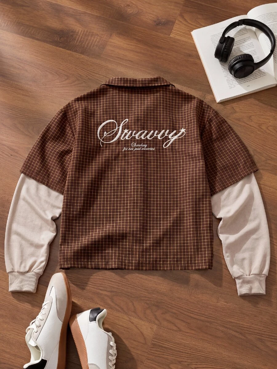 SWAVVY Men's 2 In 1 Letter & Plaid Pattern Long Sleeve Shirt - Brown - View 1